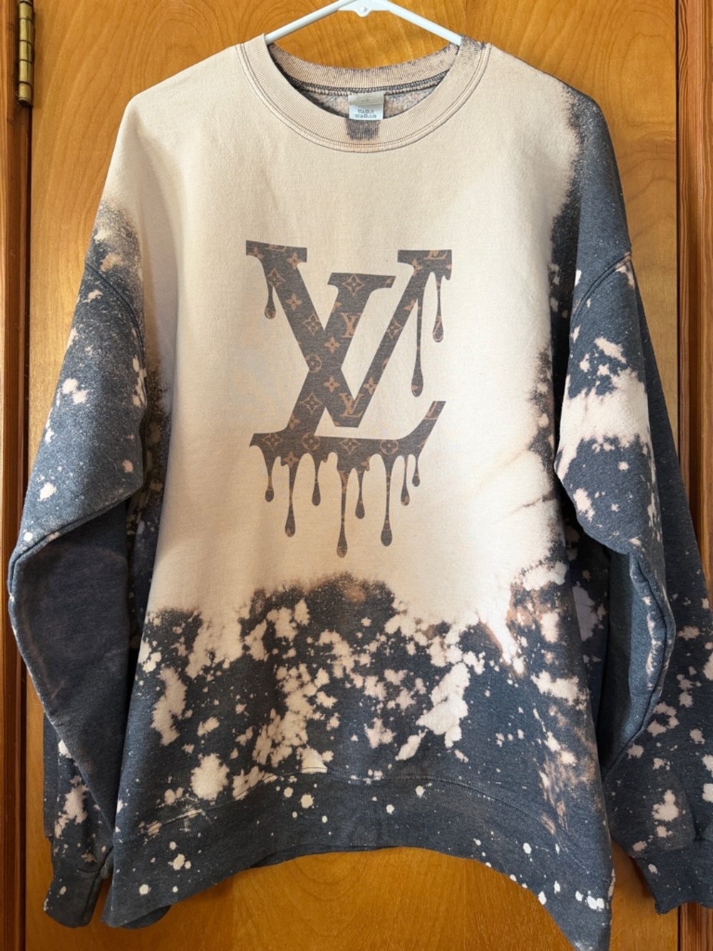 Bleached Black & Cream Graphic Crewneck Sweatshirt With LV Drip Logo